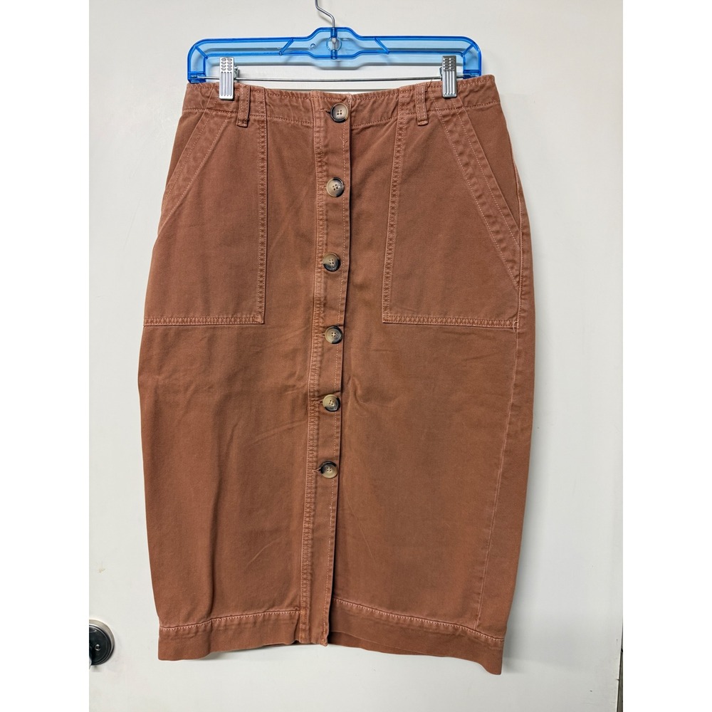 Free People Terracotta Rust Brown Denim Button Front Midi Pencil Skirt Womens 12